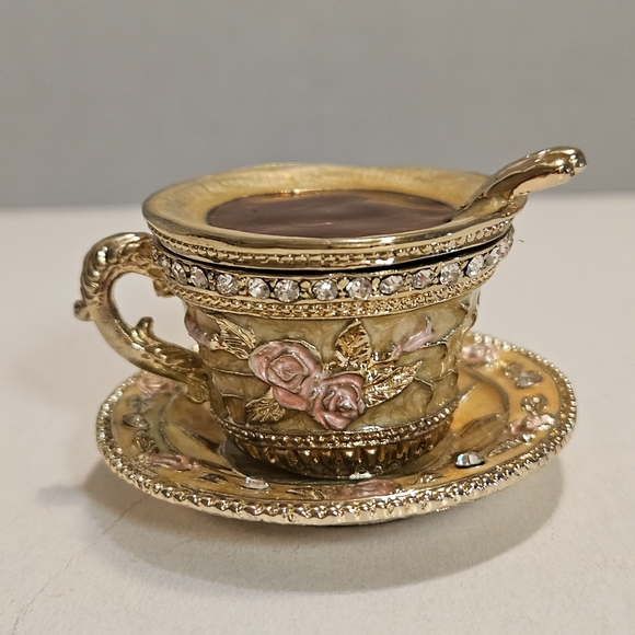 Keren Kopal Designer Miniature Gold & Pink Rose Teacup & Saucer Trinket Box - Picture 1 of 9